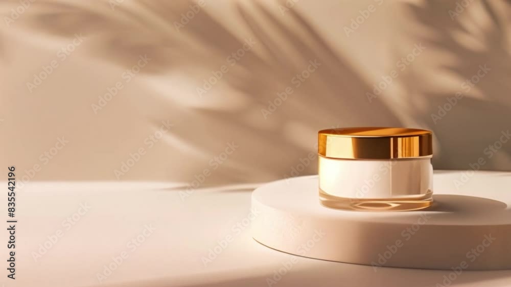 Aufkleber a gold lid cream jar sits on a white platform, with soft lighting and shadows creating a minimalisti