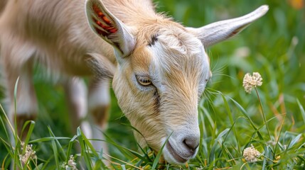Goat eating outdoors in a close up shot
