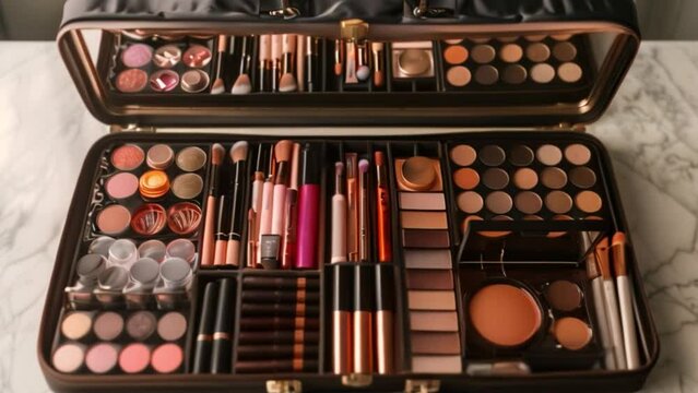 An open makeup case filled with eyeshadow palettes, makeup brushes, and other makeup products.