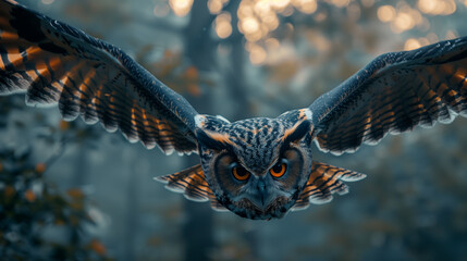 Obraz premium Majestic Owl in Flight in a Misty Forest