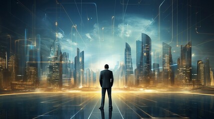 Obraz premium Business man on future network city, copy space, generative ai