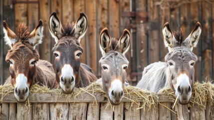 Donkeys munching on hay by the wooden fence