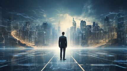 Obraz premium Business man on future network city, copy space, generative ai