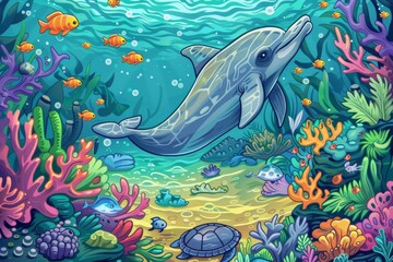 Obraz premium Underwater scene with dolphin and corals. cartoon illustration.