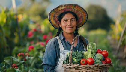 Hispanic woman holding a basket of vegetables, sustainable agriculture and food