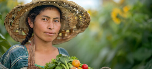 Hispanic woman with basket of vegetables