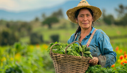 Hispanic woman with a basket of vegetables, sustainable food