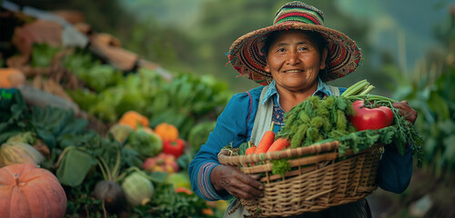 Old hispanic woman with vegetables in the garden