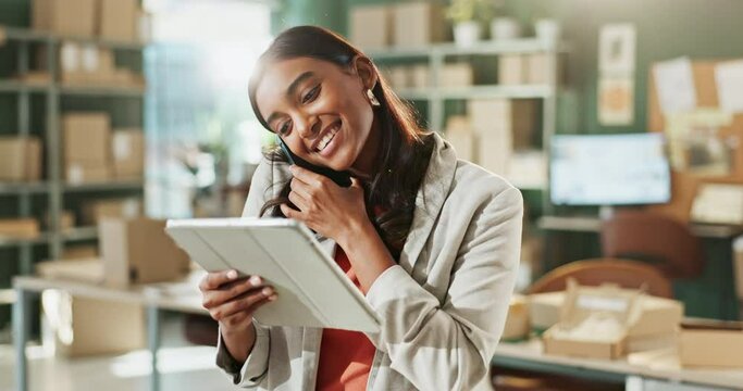 Phone call, tablet and woman in startup for delivery, distribution and talk to stock supplier. Technology, smile and Indian person in small business for online order, ecommerce or shipping logistics