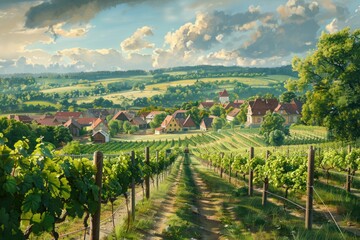 Vineyard landscape with village
