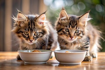 2 cute little Maine Coon kittens eating from a bowl on blurred background
