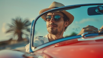 Naklejka premium Man wearing a hat and glasses driving a sports car