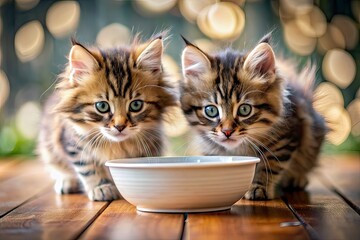 2 cute little Norwegian Forest kittens eating from a bowl on blurred background