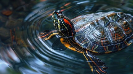 Red eared slider moving along the surface