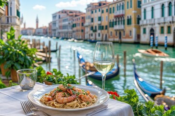 A Taste of Italy: Linguini with Shrimp, a Delectable Italian Dish Served on a Terrace in Venice, Offering a Culinary Experience with Stunning Canal Views.





