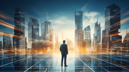 Fototapeta premium Business man on future network city, copy space, generative ai