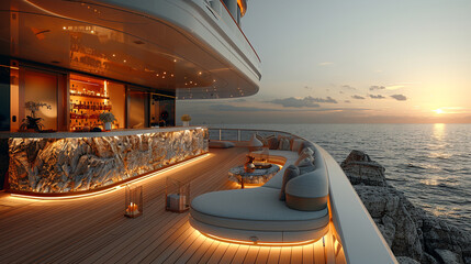 Spacious super yacht outdoor lounge area with a glowing stone bar, harmonized by teak decking and pristine white furniture-1