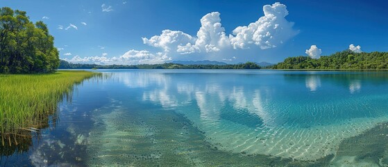 Panoramic view of a blue freshwater estuary with mangroves on its edge and cloud in the background