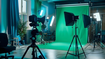 Professional photo studio setup with green chroma key background and lighting equipment. Videography concept