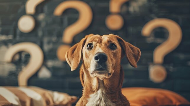 Puzzled dog and question marks 