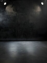 Photo studio with black backdrop, professional lighting, Concrete flooring. Dark atmosphere photography concept