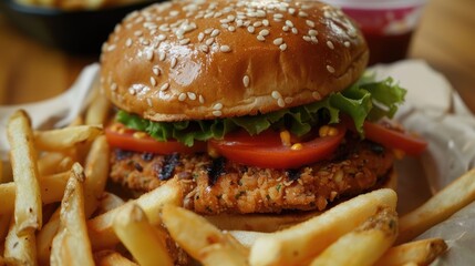 Chicken Burger with a side of french fries