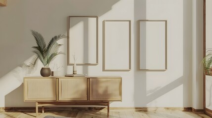 Light exhibition interior with sideboard and art decoration, mockup frames