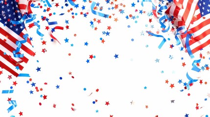 American flag and patriotic confetti with room for text