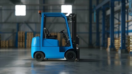 Blue forklift parked in industrial warehouse with pallets. Warehouse concept.