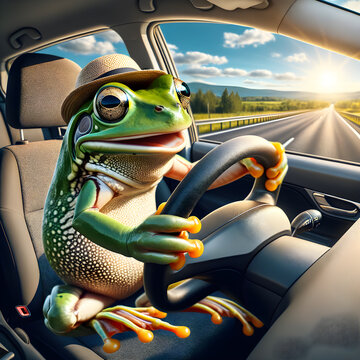 the frog drives the car