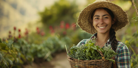 Young woman holding basket of flowers, sustainable agriculture