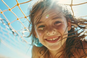 portrait of a smiling little girl joyfully playing beach volleyball on a sunny summer day capturing...
