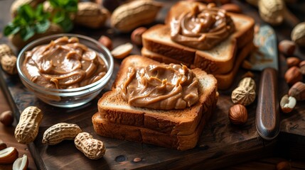 Spread of peanut butter on bread with whole and cracked nuts, creating a rustic look