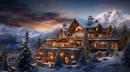 A stunning view of a snow-covered mountain lodge, adorned with Christmas lights, nestled among pine trees and overlooking a breathtaking winter landscape. 