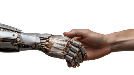 Synergy of Humanity and Technology. A symbolic handshake between a human hand and a robotic hand, representing the collaboration between humanity and artificial intelligence. Cut out. 