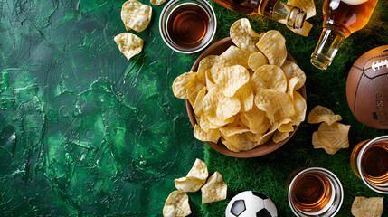 Top view of a football-themed snack arrangement with chips in a bowl, mini soccer balls, and beer bottles on a grass textured surface