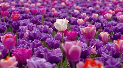 Obraz premium A single white tulip blooming amid a sea of purple and violet tulips in spring