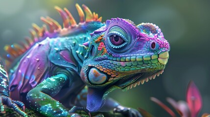 Obraz premium A beautifully colored chameleon perches on a vibrant leaf, vivid hues in its natural rainforest 