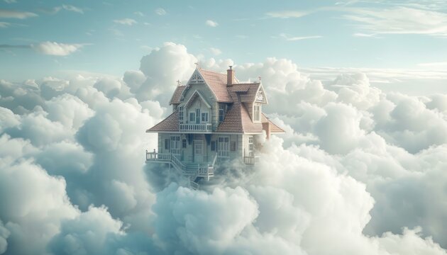 A house floats amidst the clouds in a surreal sky. Dreamy digital art portrays a whimsical atmosphere. 🏠☁️
