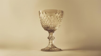 A clear glass wine goblet with intricate cut designs stands on a white background.