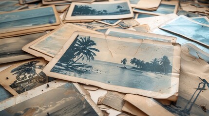 A pile of old, faded postcards featuring beach scenes with palm trees and turquoise water.