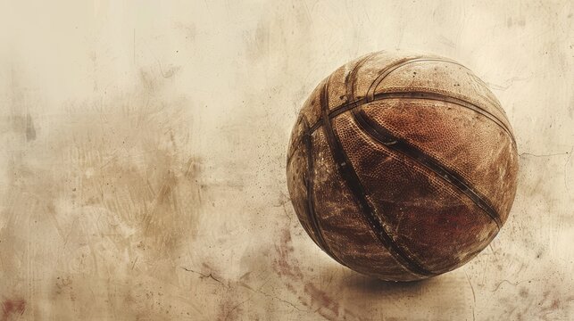 A weathered basketball sits on a worn, textured surface, evoking a sense of nostalgia and the passage of time.