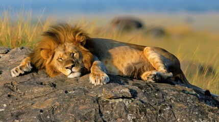 A lion is sleeping on a rock in the wild