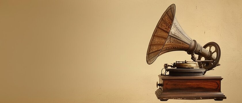 Vintage gramophone with a large horn on a wooden base.