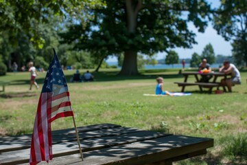 A close-up shot of a small American flag placed on a wooden picnic table. In the background, people are enjoying a sunny day at a community picnic in a park, with lush green trees and blue skies.
