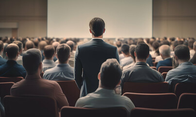 Public speaker talking in front of audience, Successful businessman holds business conference for the press, Speaker at Business Conference and Presentation