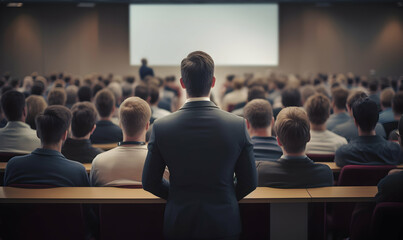 Obraz premium Public speaker talking in front of audience, Successful businessman holds business conference for the press, Speaker at Business Conference and Presentation