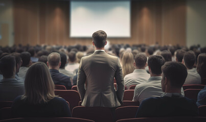 Obraz premium Public speaker talking in front of audience, Successful businessman holds business conference for the press, Speaker at Business Conference and Presentation