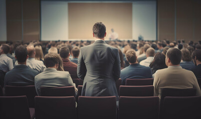 Fototapeta premium Public speaker talking in front of audience, Successful businessman holds business conference for the press, Speaker at Business Conference and Presentation