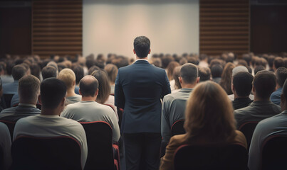 Obraz premium Public speaker talking in front of audience, Successful businessman holds business conference for the press, Speaker at Business Conference and Presentation